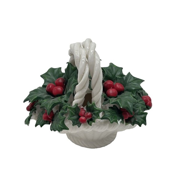 Ceramic Basket of Holly & Berries Christmas Holiday Decor Hermitage Pottery - Picture 1 of 10